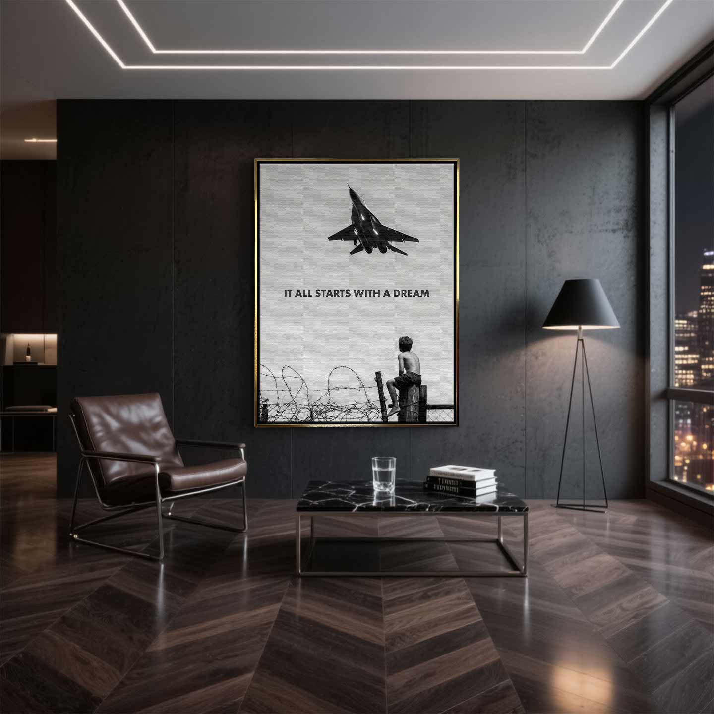 Motywacyjny obraz na płótnie It All Starts With a Dream przedstawiający chłopca patrzącego na samolot, symbolizujący początek marzeń i dążenie do sukcesu.