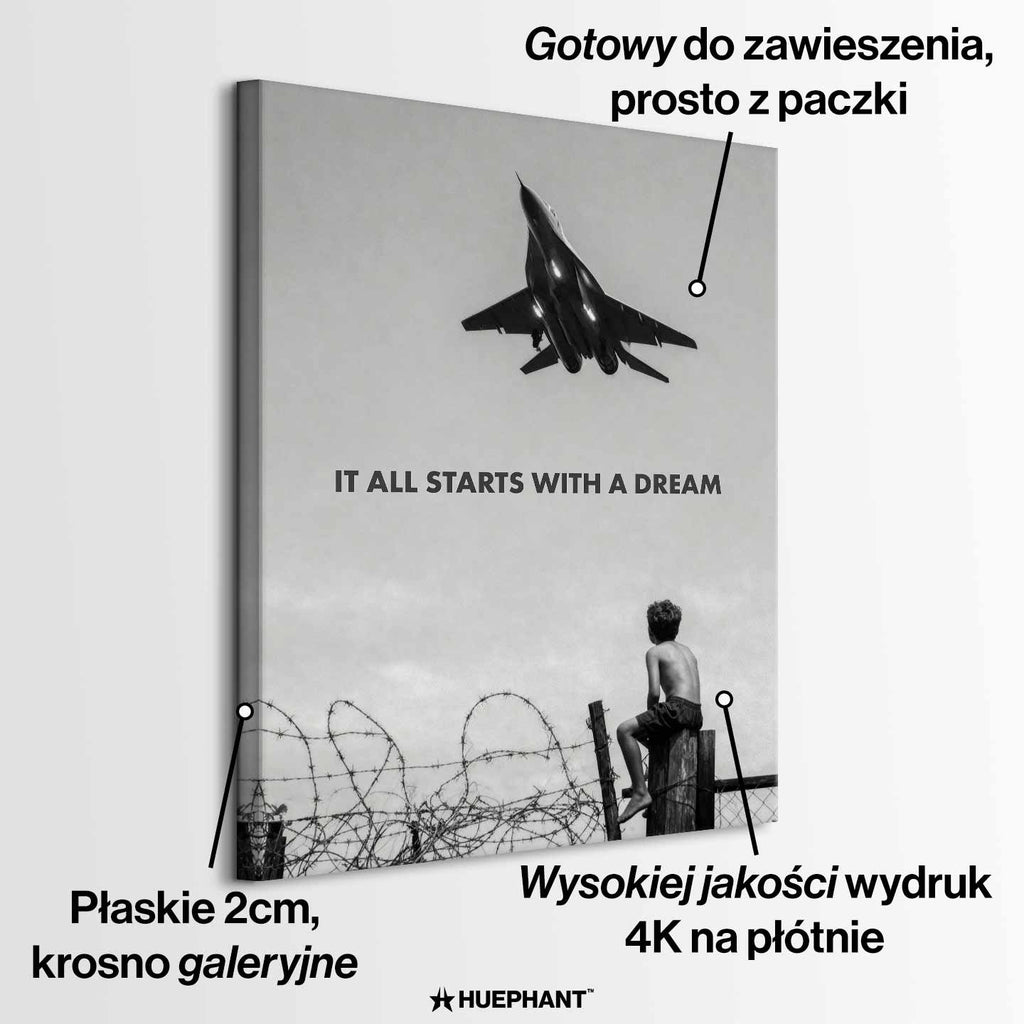 Motywacyjny obraz na płótnie It All Starts With a Dream przedstawiający chłopca patrzącego na samolot, symbolizujący początek marzeń i dążenie do sukcesu.