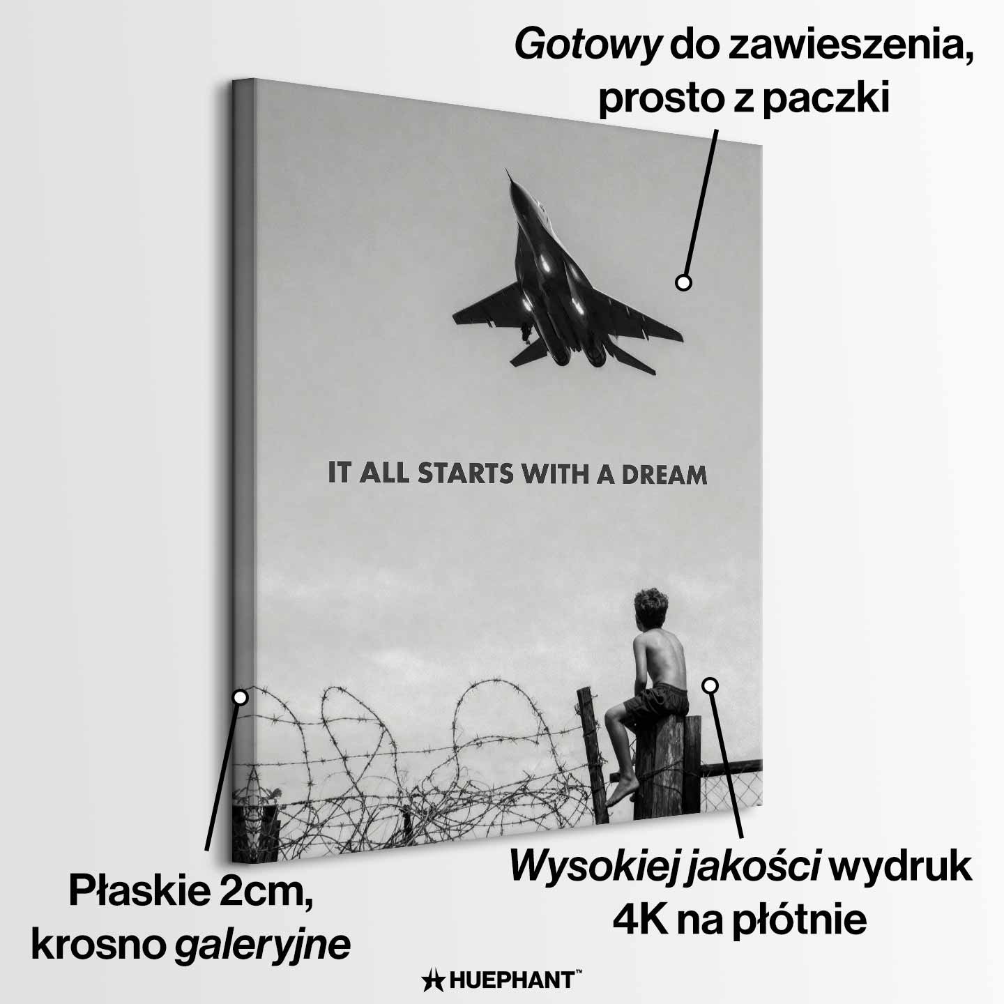 Motywacyjny obraz na płótnie It All Starts With a Dream przedstawiający chłopca patrzącego na samolot, symbolizujący początek marzeń i dążenie do sukcesu.