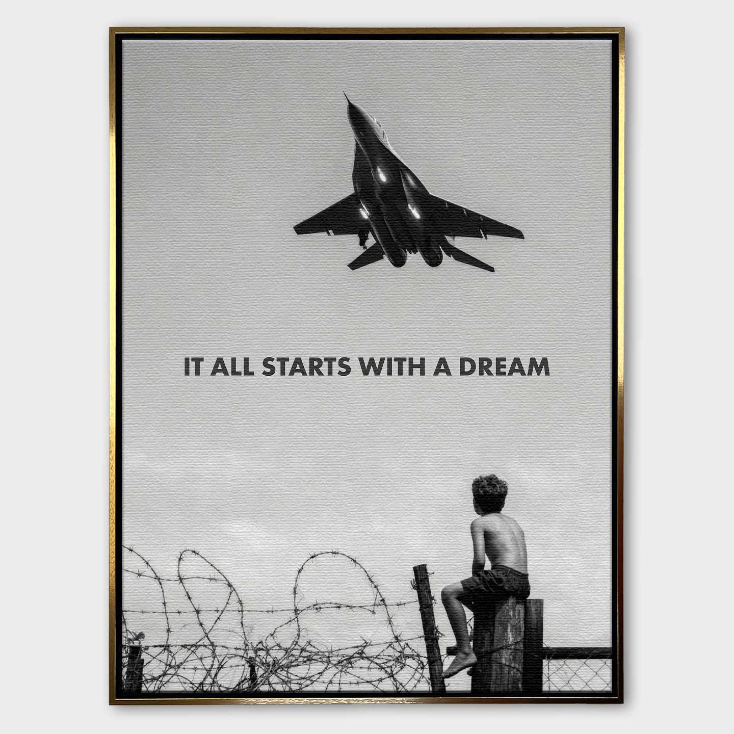 Motywacyjny obraz na płótnie It All Starts With a Dream przedstawiający chłopca patrzącego na samolot, symbolizujący początek marzeń i dążenie do sukcesu.