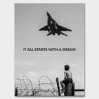 Motywacyjny obraz na płótnie It All Starts With a Dream przedstawiający chłopca patrzącego na samolot, symbolizujący początek marzeń i dążenie do sukcesu.
