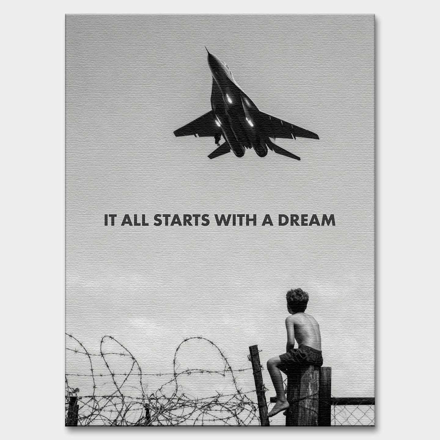 Motywacyjny obraz na płótnie It All Starts With a Dream przedstawiający chłopca patrzącego na samolot, symbolizujący początek marzeń i dążenie do sukcesu.