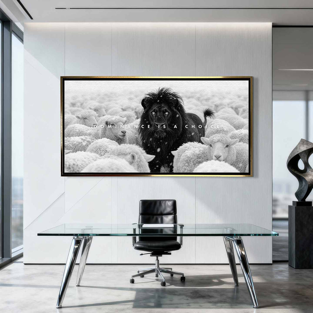 Motywacyjny obraz z Lwem na płótnie Lion Dominance – czarny lew wśród białych owiec z napisem „Dominance Is a Choice”, symbol siły i przywództwa.
