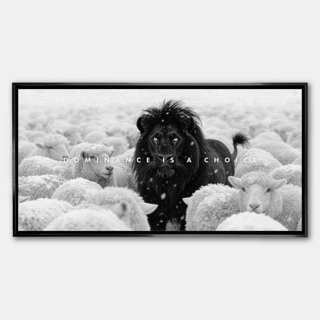 Motywacyjny obraz z Lwem na płótnie Lion Dominance – czarny lew wśród białych owiec z napisem „Dominance Is a Choice”, symbol siły i przywództwa.