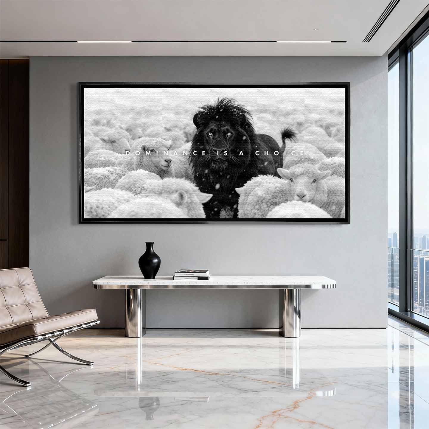 Motywacyjny obraz z Lwem na płótnie Lion Dominance – czarny lew wśród białych owiec z napisem „Dominance Is a Choice”, symbol siły i przywództwa.