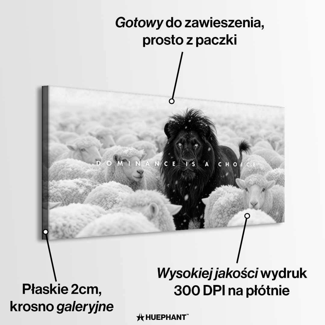Motywacyjny obraz z Lwem na płótnie Lion Dominance – czarny lew wśród białych owiec z napisem „Dominance Is a Choice”, symbol siły i przywództwa.