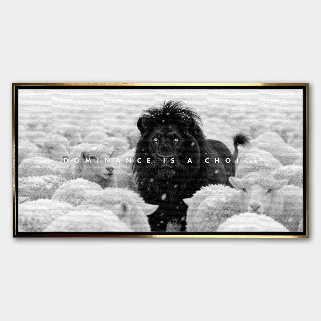 Motywacyjny obraz z Lwem na płótnie Lion Dominance – czarny lew wśród białych owiec z napisem „Dominance Is a Choice”, symbol siły i przywództwa.