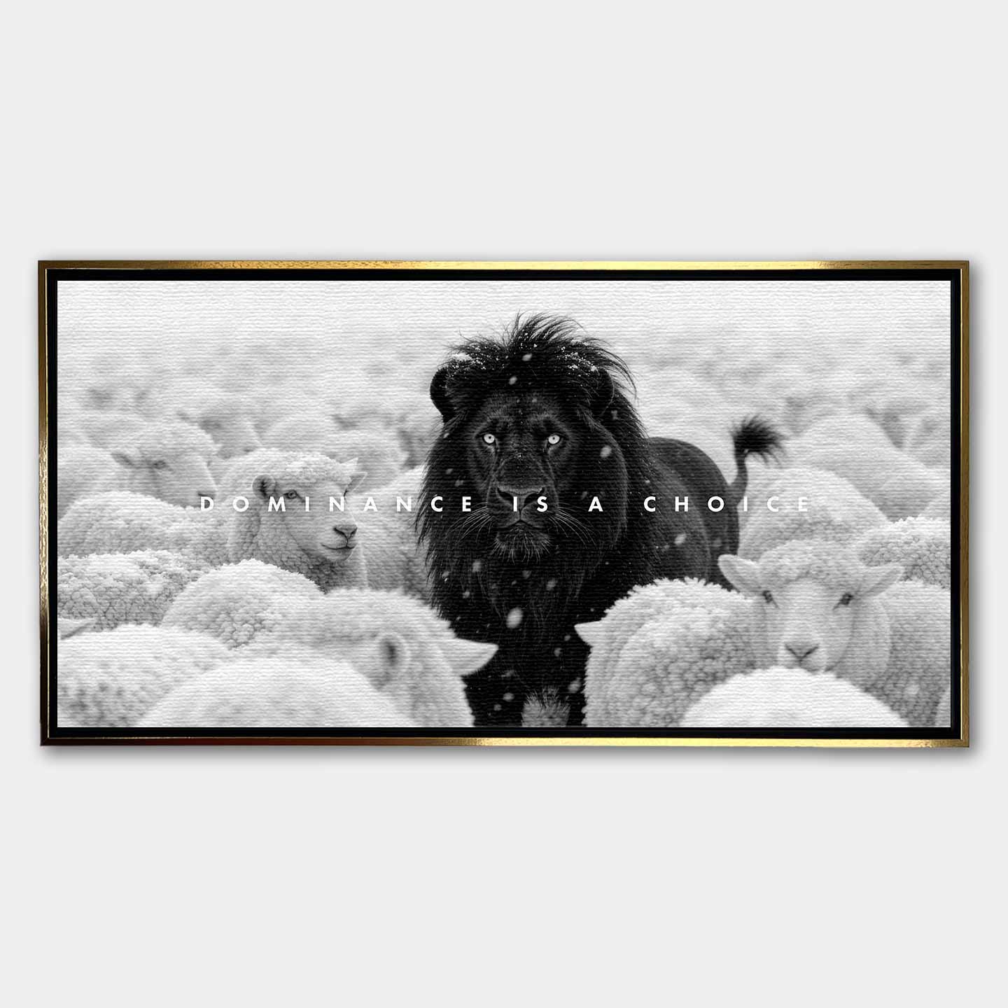 Motywacyjny obraz z Lwem na płótnie Lion Dominance – czarny lew wśród białych owiec z napisem „Dominance Is a Choice”, symbol siły i przywództwa.