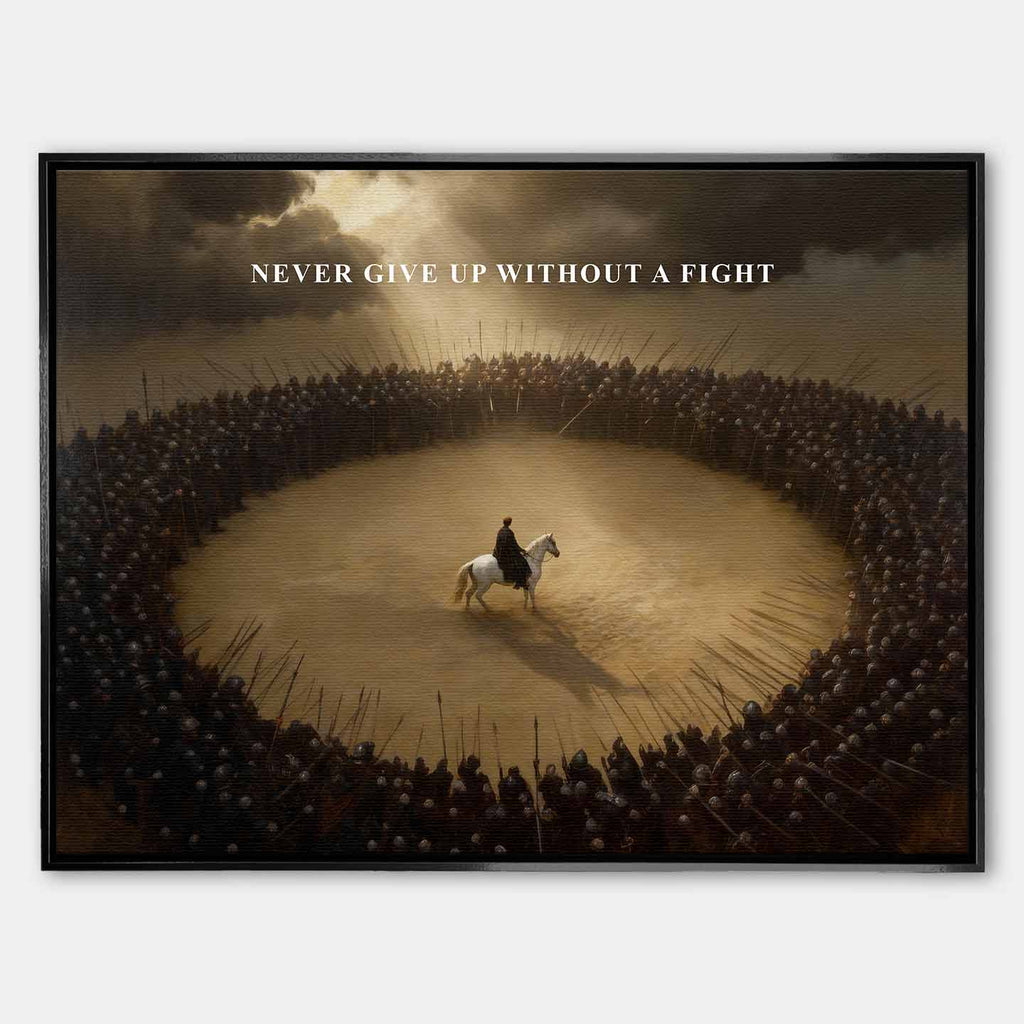Motywacyjny Obraz na płótnie Never Give Up Without a Fight – wojownik na białym koniu otoczony armią, symbol odwagi i determinacji, dzieło Huephant.