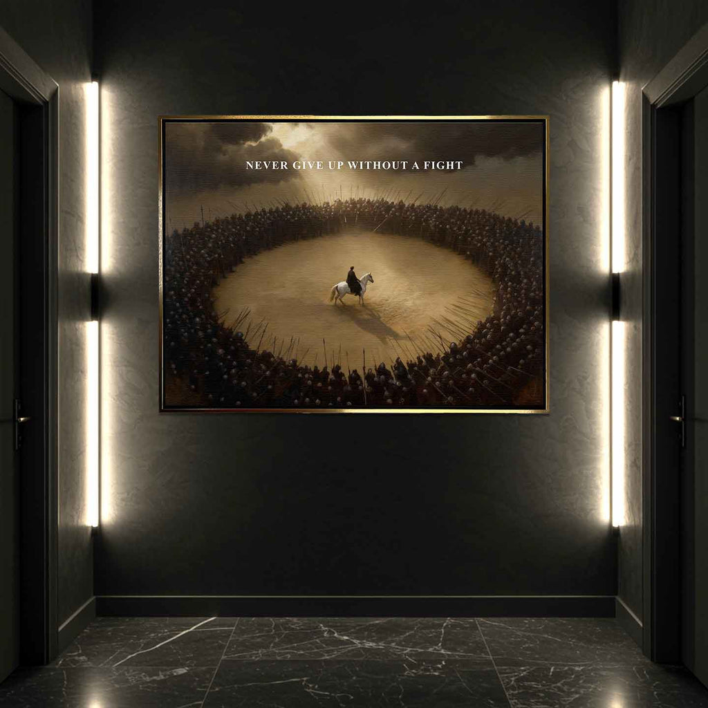Motywacyjny Obraz na płótnie Never Give Up Without a Fight – wojownik na białym koniu otoczony armią, symbol odwagi i determinacji, dzieło Huephant.