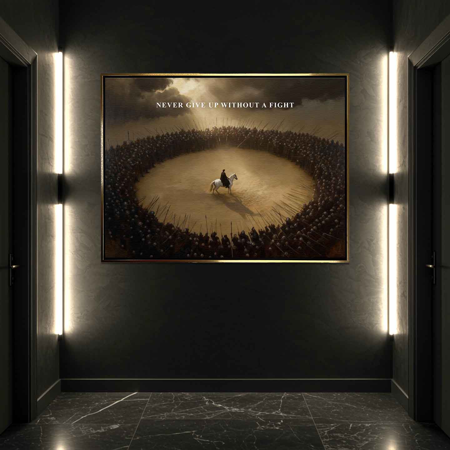 Motywacyjny Obraz na płótnie Never Give Up Without a Fight – wojownik na białym koniu otoczony armią, symbol odwagi i determinacji, dzieło Huephant.
