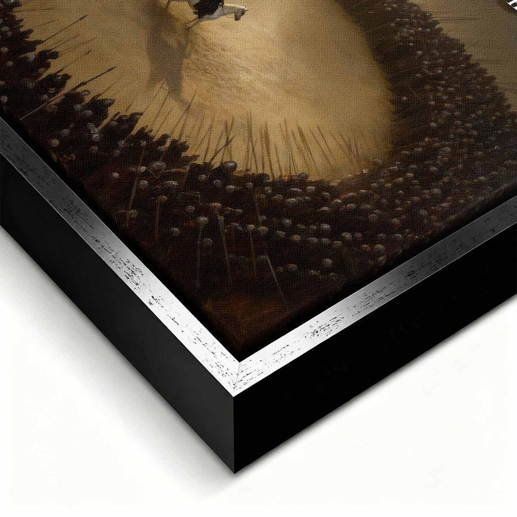 Motywacyjny Obraz na płótnie Never Give Up Without a Fight – wojownik na białym koniu otoczony armią, symbol odwagi i determinacji, dzieło Huephant.