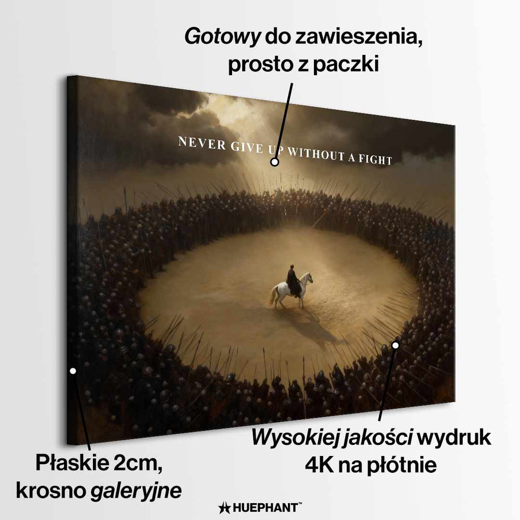 Motywacyjny Obraz na płótnie Never Give Up Without a Fight – wojownik na białym koniu otoczony armią, symbol odwagi i determinacji, dzieło Huephant.