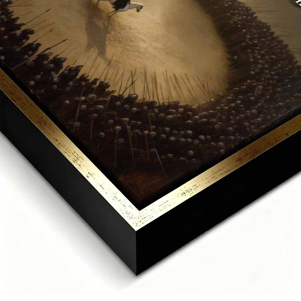 Motywacyjny Obraz na płótnie Never Give Up Without a Fight – wojownik na białym koniu otoczony armią, symbol odwagi i determinacji, dzieło Huephant.