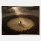 Motywacyjny Obraz na płótnie Never Give Up Without a Fight – wojownik na białym koniu otoczony armią, symbol odwagi i determinacji, dzieło Huephant.