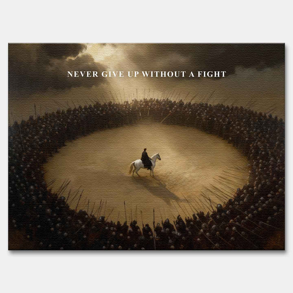Motywacyjny Obraz na płótnie Never Give Up Without a Fight – wojownik na białym koniu otoczony armią, symbol odwagi i determinacji, dzieło Huephant.