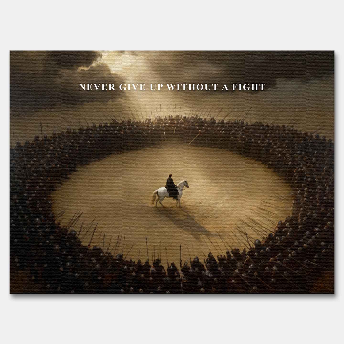 Motywacyjny Obraz na płótnie Never Give Up Without a Fight – wojownik na białym koniu otoczony armią, symbol odwagi i determinacji, dzieło Huephant.