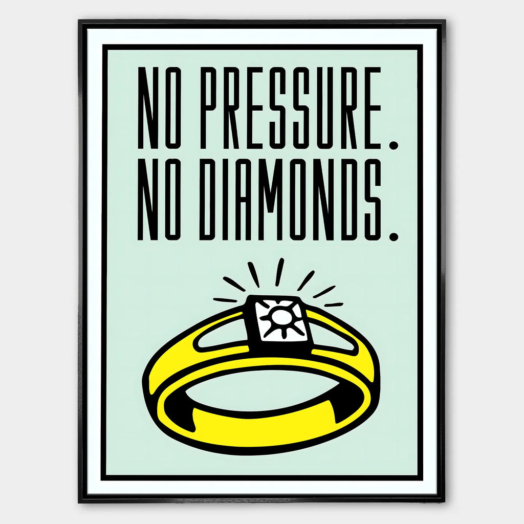 Obraz na płótnie z motywacyjnym napisem „No Pressure. No Diamonds.” przedstawiający żółty pierścień z diamentem na jasnym tle.
