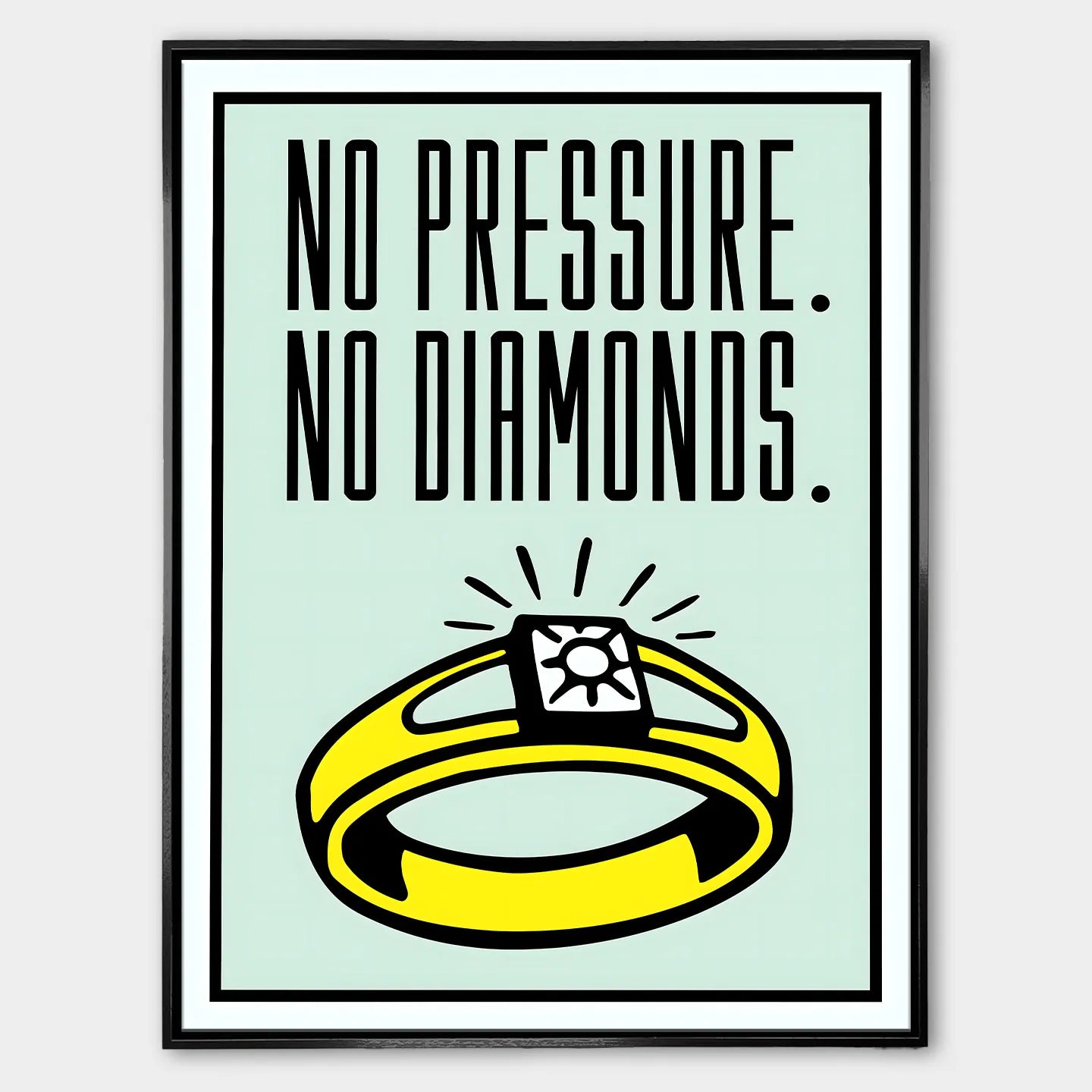 Obraz na płótnie z motywacyjnym napisem „No Pressure. No Diamonds.” przedstawiający żółty pierścień z diamentem na jasnym tle.