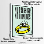 Obraz na płótnie z motywacyjnym napisem „No Pressure. No Diamonds.” przedstawiający żółty pierścień z diamentem na jasnym tle.