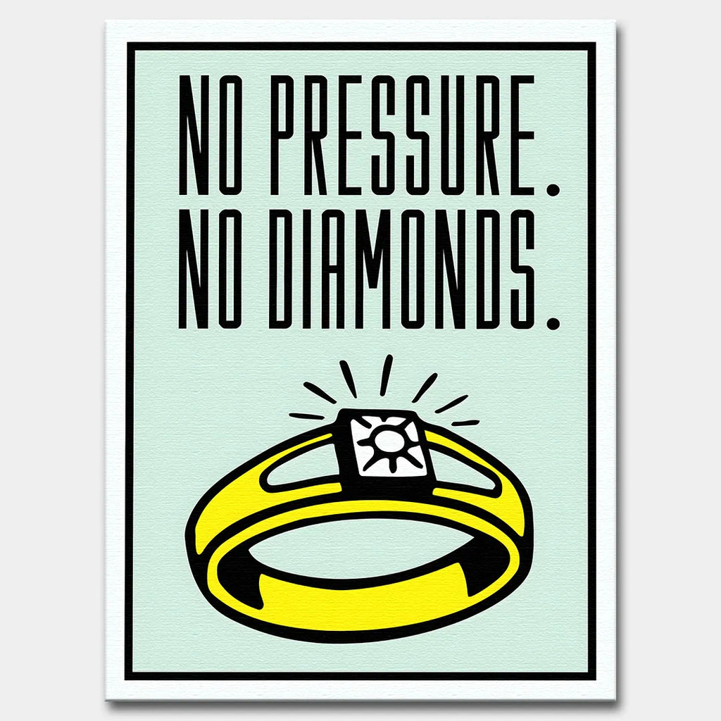 Obraz na płótnie z motywacyjnym napisem „No Pressure. No Diamonds.” przedstawiający żółty pierścień z diamentem na jasnym tle.