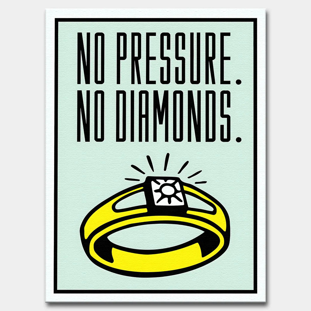 Obraz na płótnie z motywacyjnym napisem „No Pressure. No Diamonds.” przedstawiający żółty pierścień z diamentem na jasnym tle.