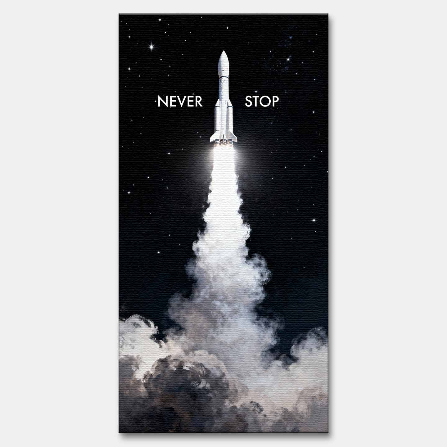 Motywacyjny obraz na płótnie z rakietą Never Stop – rakieta startująca w przestrzeń, symbol determinacji, ambicji i nieustannego rozwoju.