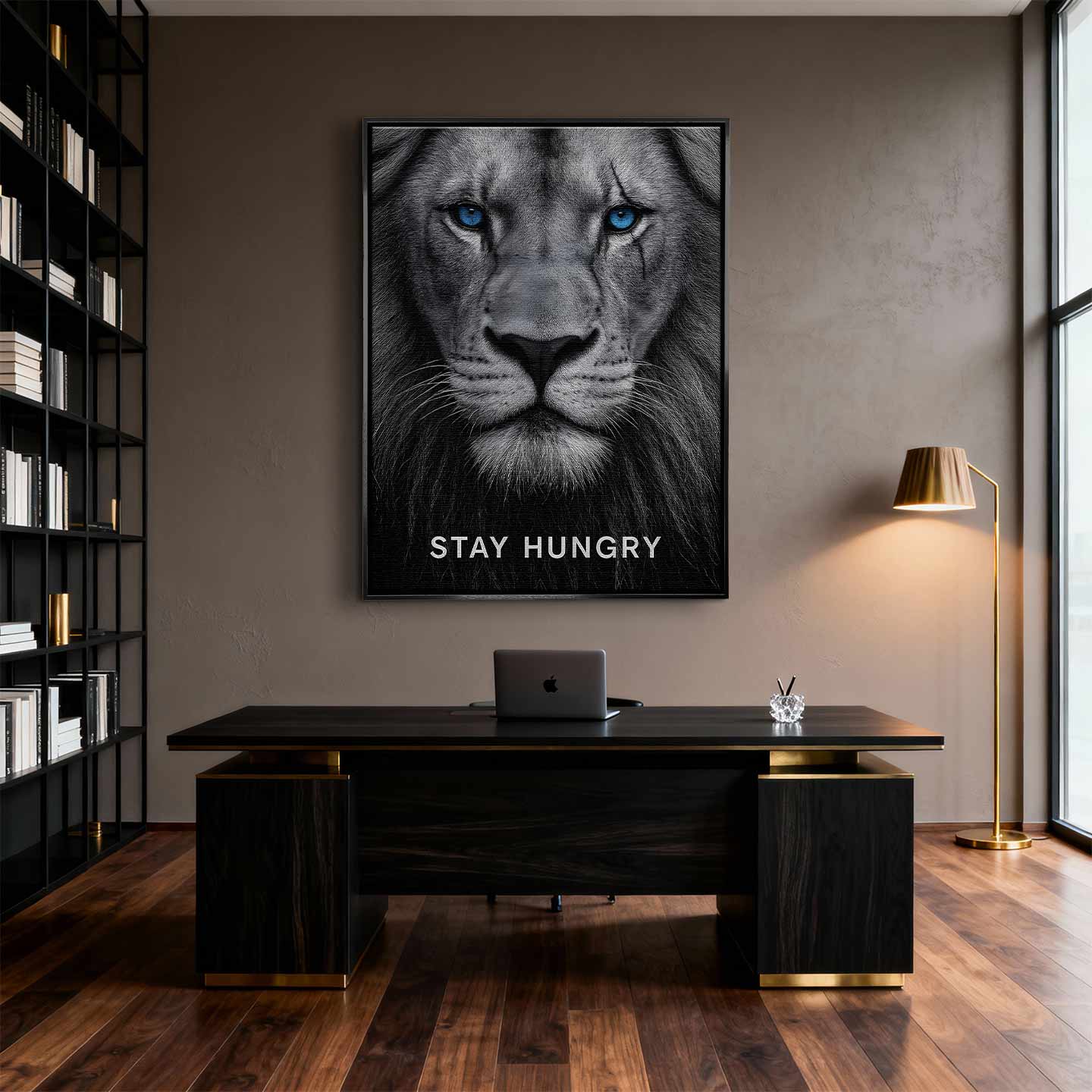 motywacyjny obraz na płótnie stay hungry z lwem