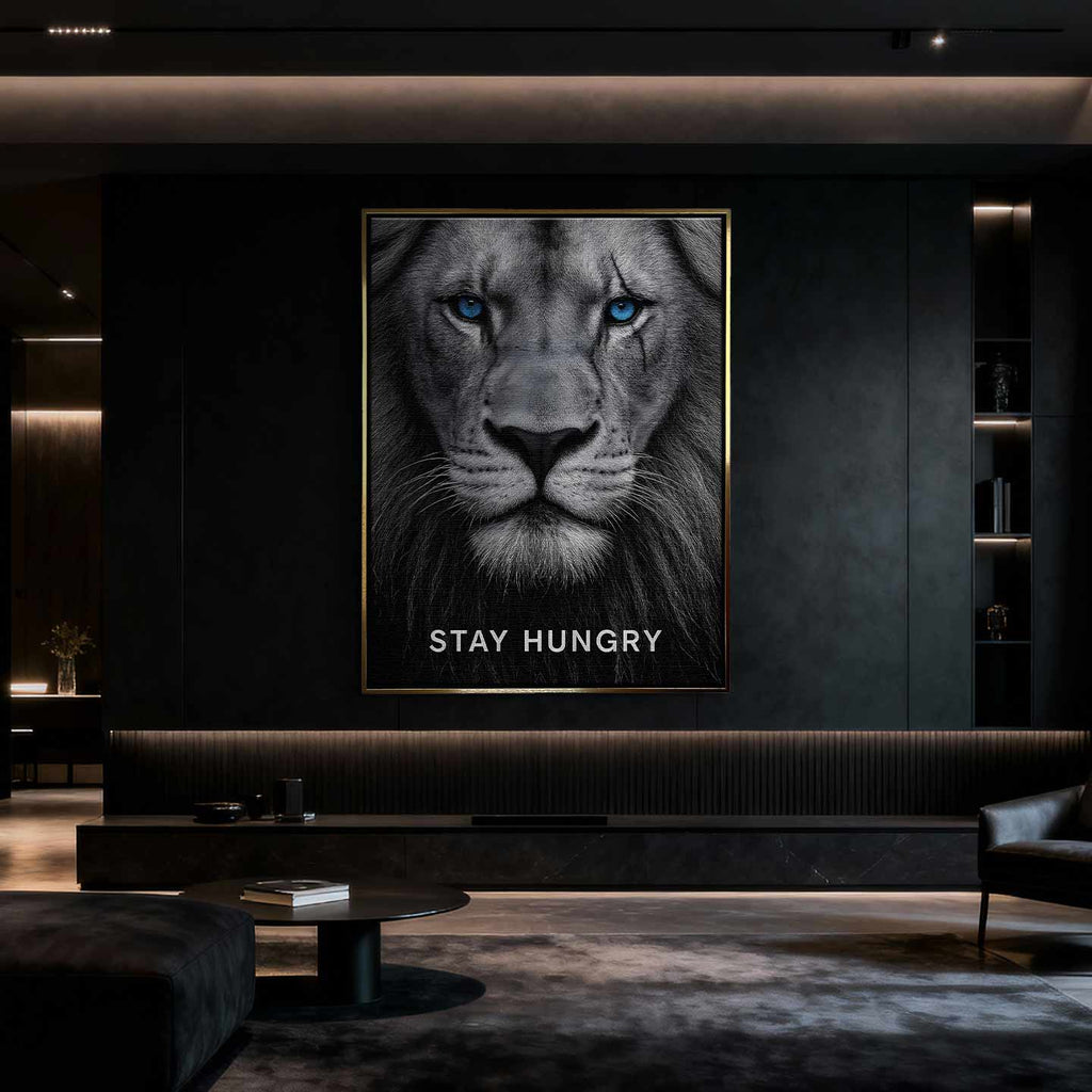 motywacyjny obraz na płótnie stay hungry z lwem