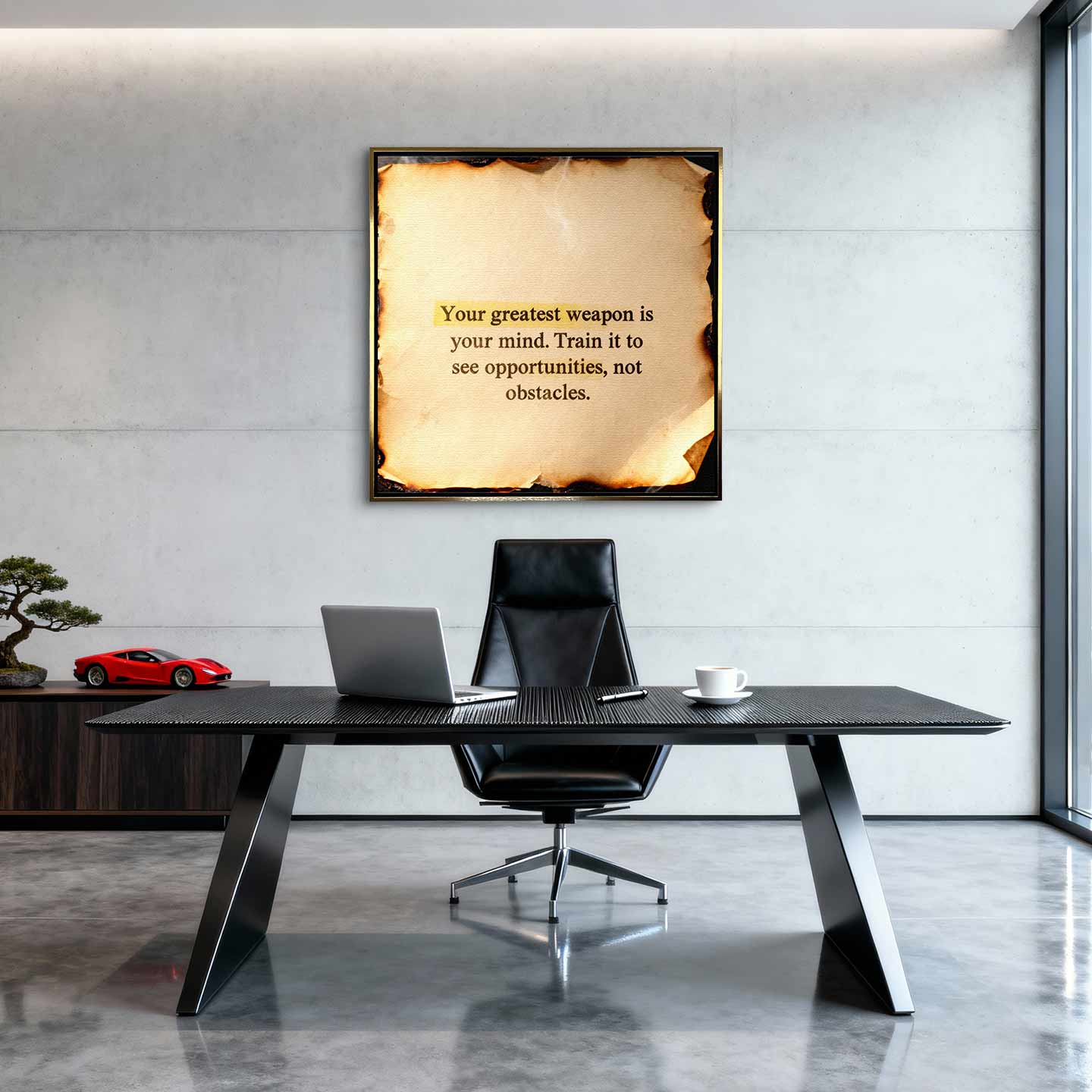 Motywacyjny obraz na płótnie Train Your Mind – cytat o sile umysłu na tle spalonego papieru, symbol wewnętrznej mocy i samodyscypliny.