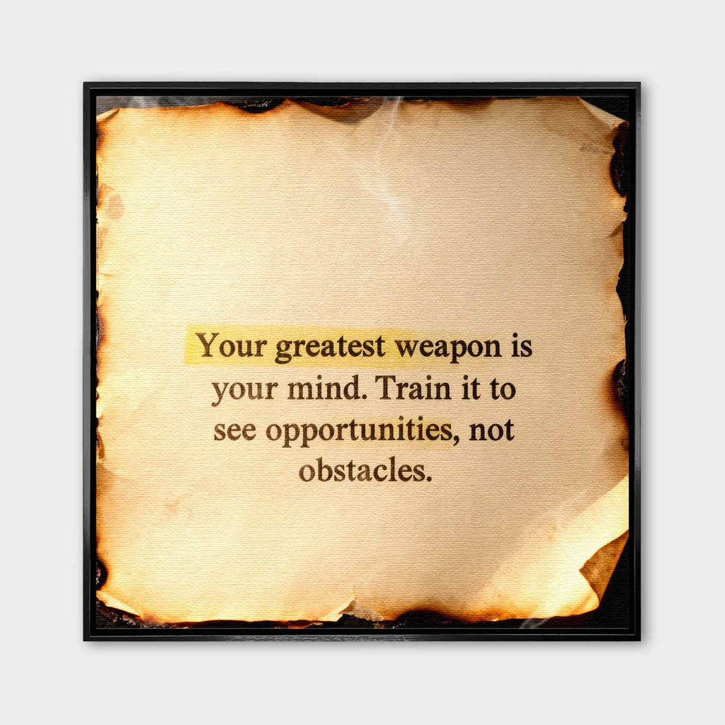 Motywacyjny obraz na płótnie Train Your Mind – cytat o sile umysłu na tle spalonego papieru, symbol wewnętrznej mocy i samodyscypliny.