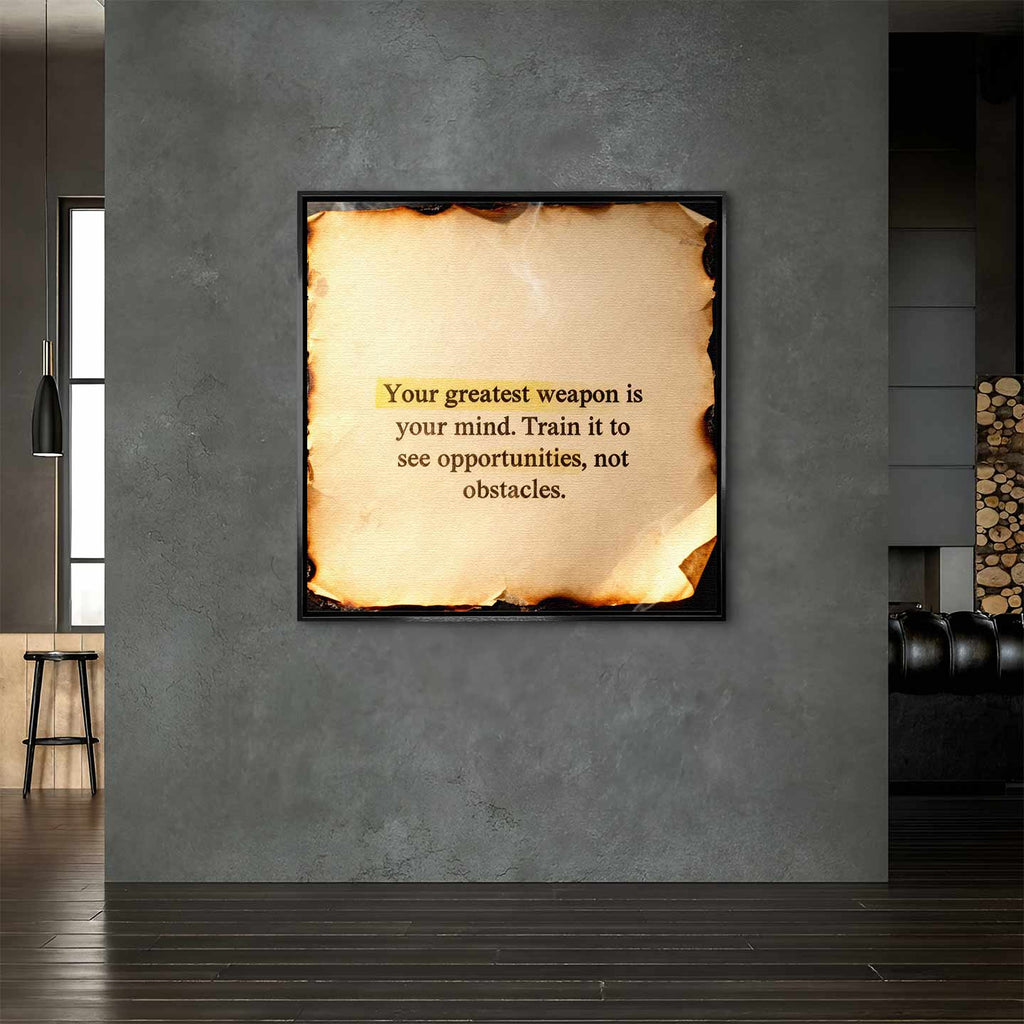 Motywacyjny obraz na płótnie Train Your Mind – cytat o sile umysłu na tle spalonego papieru, symbol wewnętrznej mocy i samodyscypliny.