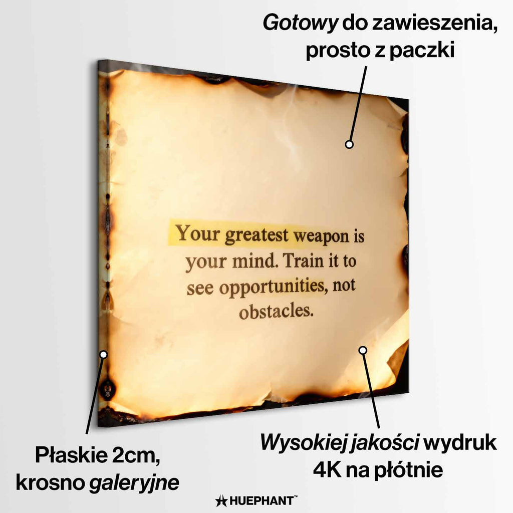 Motywacyjny obraz na płótnie Train Your Mind – cytat o sile umysłu na tle spalonego papieru, symbol wewnętrznej mocy i samodyscypliny.