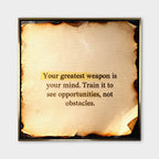 Motywacyjny obraz na płótnie Train Your Mind – cytat o sile umysłu na tle spalonego papieru, symbol wewnętrznej mocy i samodyscypliny.
