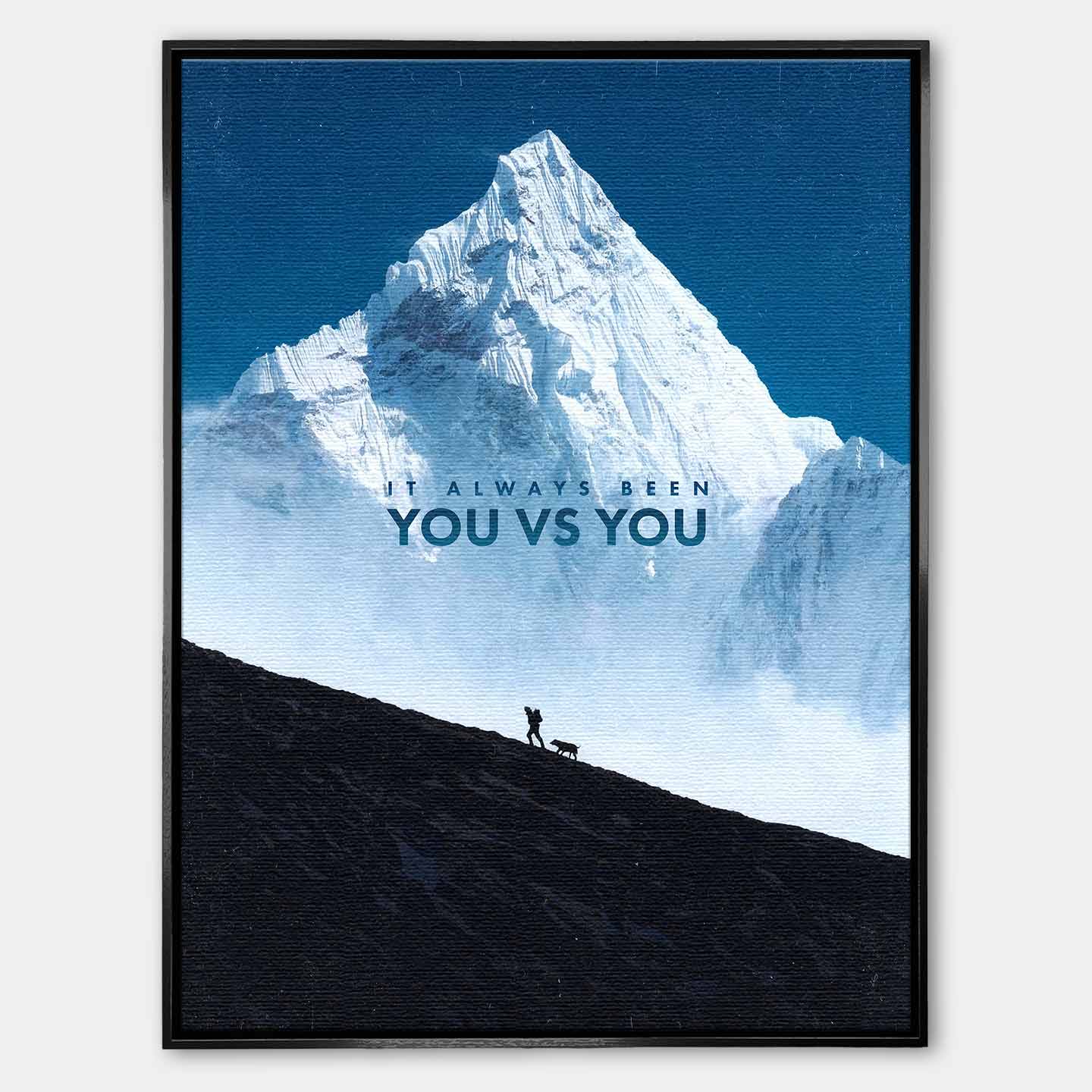 Motywacyjny obraz na płótnie z górą You vs You Mountain – człowiek wspinający się na górę, symbol walki z samym sobą i samodyscypliny.