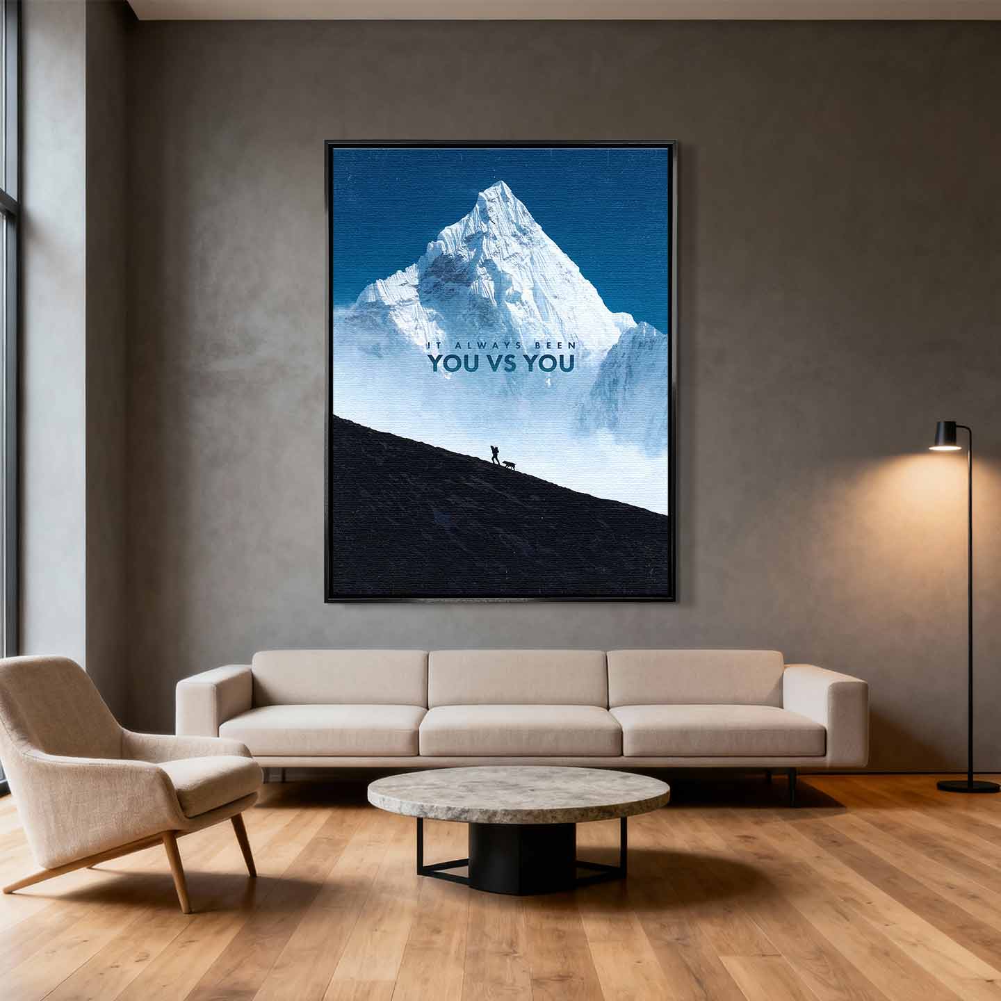 Motywacyjny obraz na płótnie z górą You vs You Mountain – człowiek wspinający się na górę, symbol walki z samym sobą i samodyscypliny.