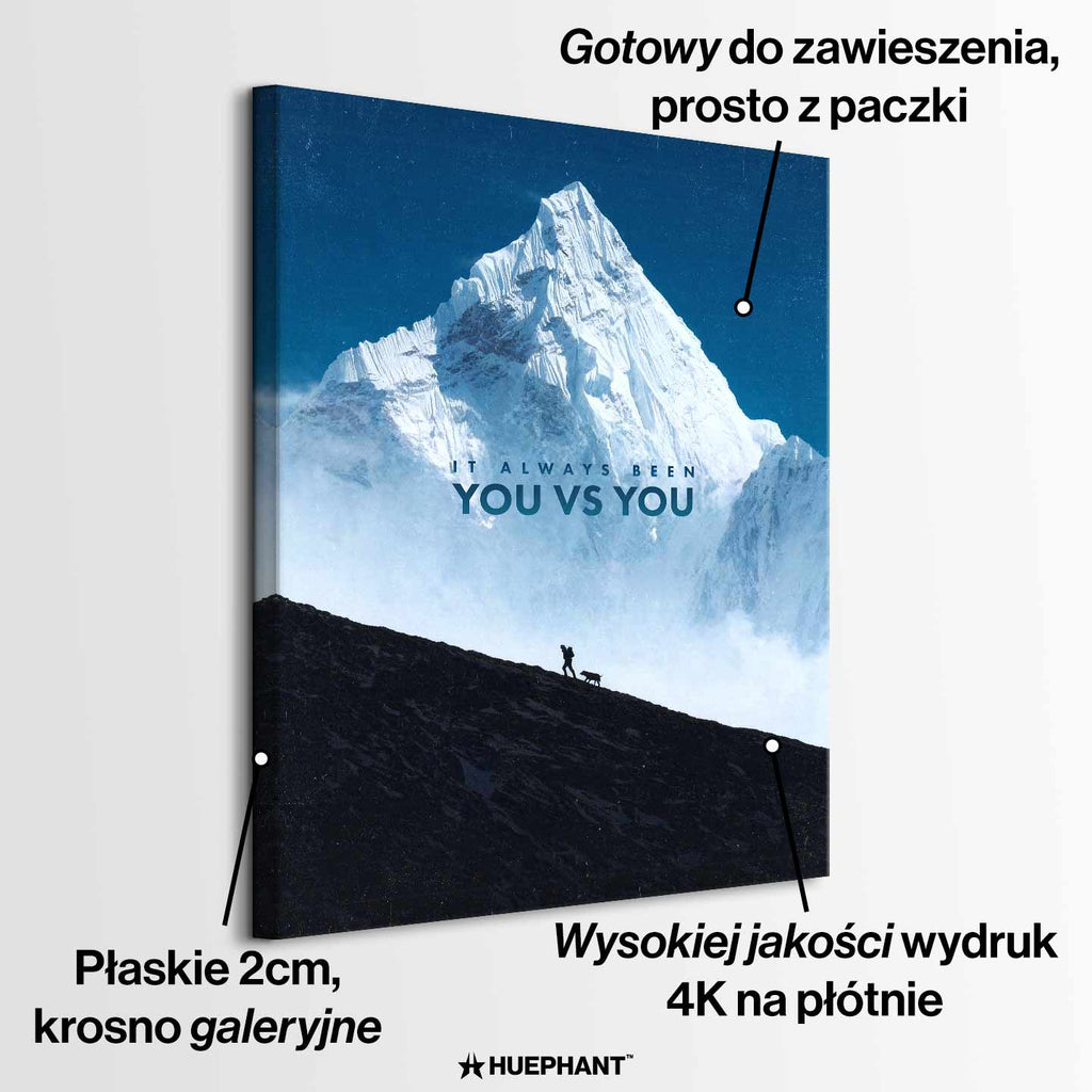 Motywacyjny obraz na płótnie z górą You vs You Mountain – człowiek wspinający się na górę, symbol walki z samym sobą i samodyscypliny.