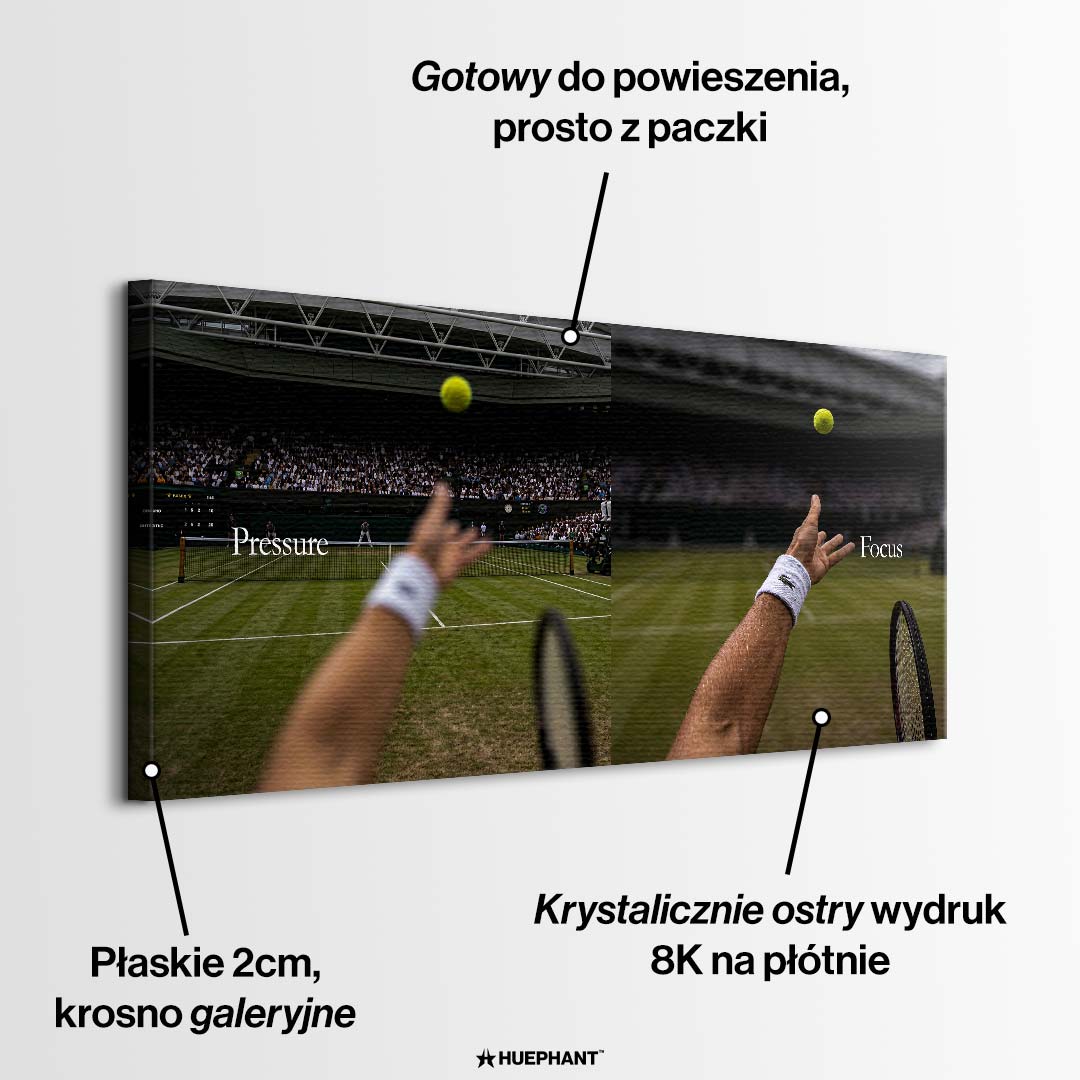 Motywacyjny obraz na płótnie przedstawiający serwis tenisisty z perspektywy pierwszej osoby, z napisami Pressure i Focus. Wydruk galeryjny.