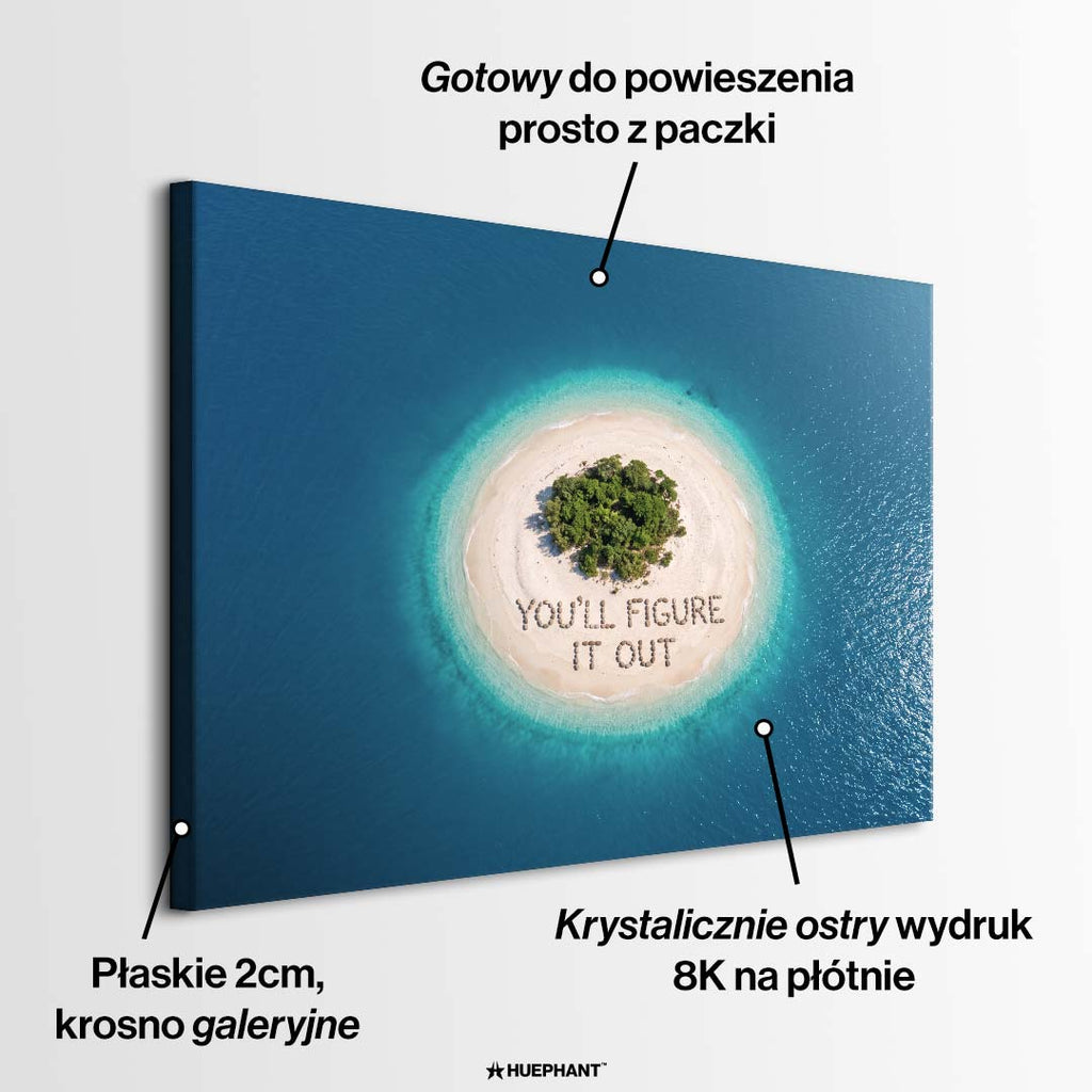 Nowoczesny obraz na płótnie przedstawiający bezludną wyspę z lotu ptaka oraz napis You'll figure it out ułożony na piasku. Wydruk galeryjny Huephant.