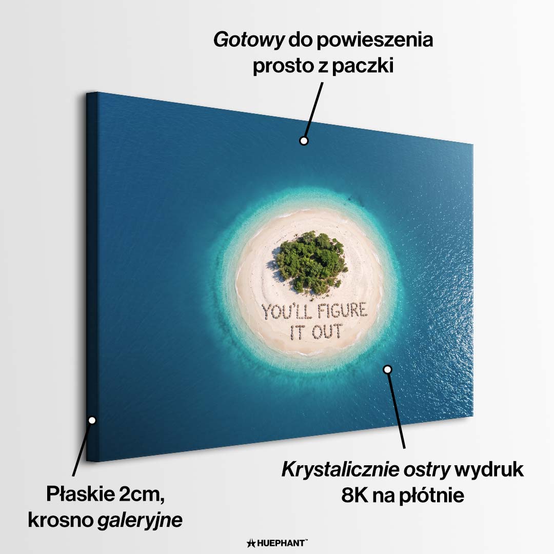 Nowoczesny obraz na płótnie przedstawiający bezludną wyspę z lotu ptaka oraz napis You'll figure it out ułożony na piasku. Wydruk galeryjny Huephant.