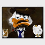 Obraz na płótnie "Boss Duck" z postacią Sknerusa McKwacza w mafijnej stylizacji, z cygarem i whisky, utrzymany w ciemnej kolorystyce