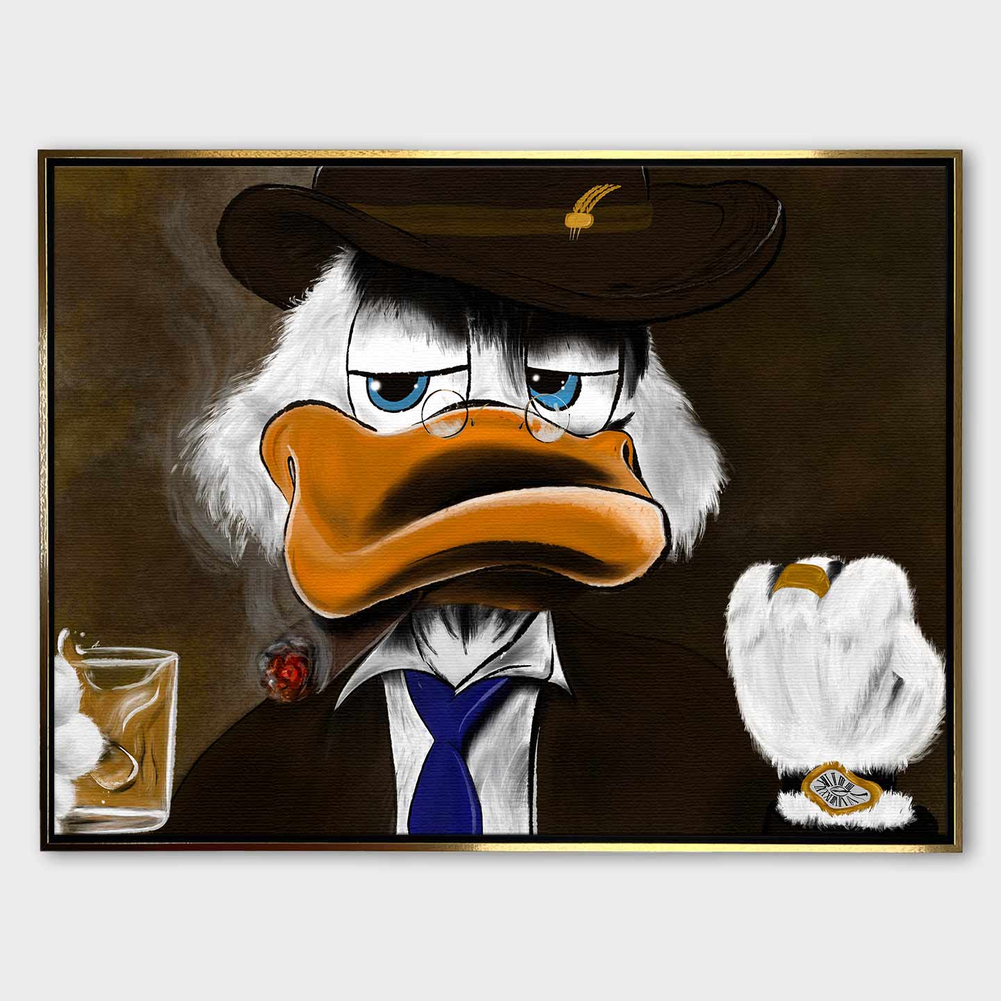 Obraz na płótnie "Boss Duck" z postacią Sknerusa McKwacza w mafijnej stylizacji, z cygarem i whisky, utrzymany w ciemnej kolorystyce