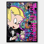 Nowoczesny obraz pop-art na płótnie z postacią chłopca w garniturze spoglądającego na luksusowy zegarek na tle graffiti Time is money. Wydruk Huephant.