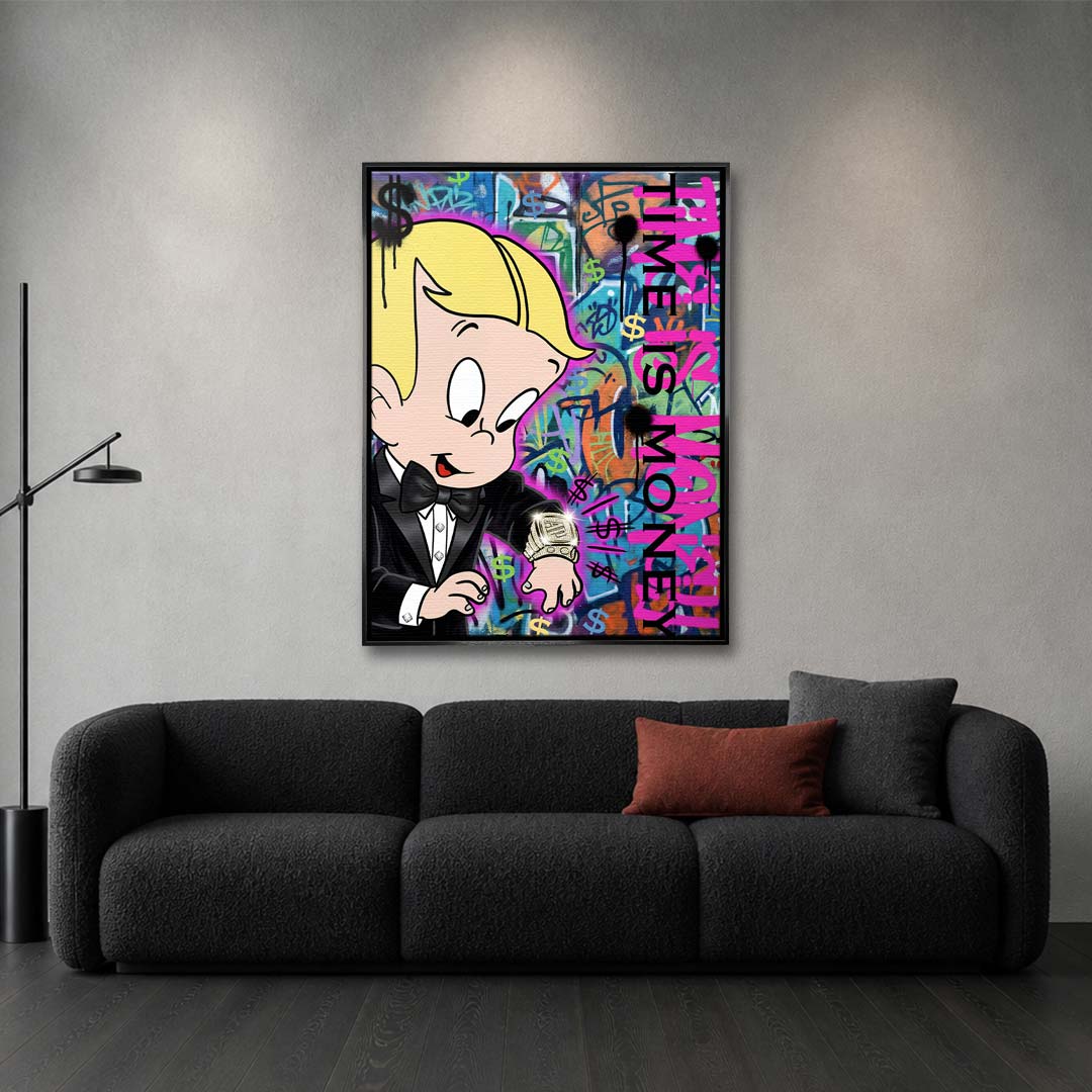 Nowoczesny obraz pop-art na płótnie z postacią chłopca w garniturze spoglądającego na luksusowy zegarek na tle graffiti Time is money. Wydruk Huephant.