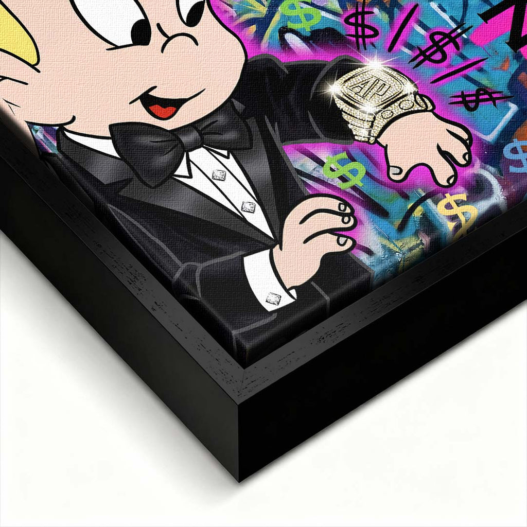 Nowoczesny obraz pop-art na płótnie z postacią chłopca w garniturze spoglądającego na luksusowy zegarek na tle graffiti Time is money. Wydruk Huephant.