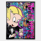 Nowoczesny obraz pop-art na płótnie z postacią chłopca w garniturze spoglądającego na luksusowy zegarek na tle graffiti Time is money. Wydruk Huephant.