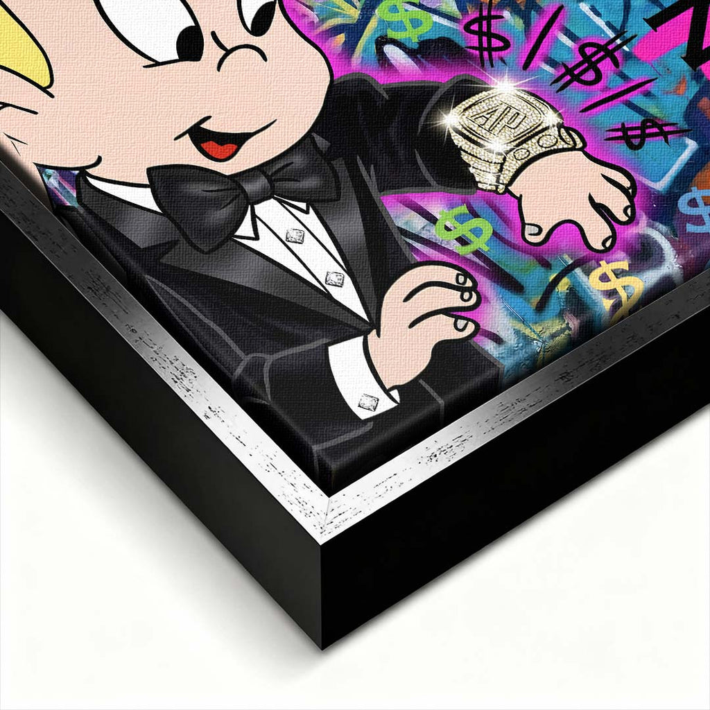 Nowoczesny obraz pop-art na płótnie z postacią chłopca w garniturze spoglądającego na luksusowy zegarek na tle graffiti Time is money. Wydruk Huephant.