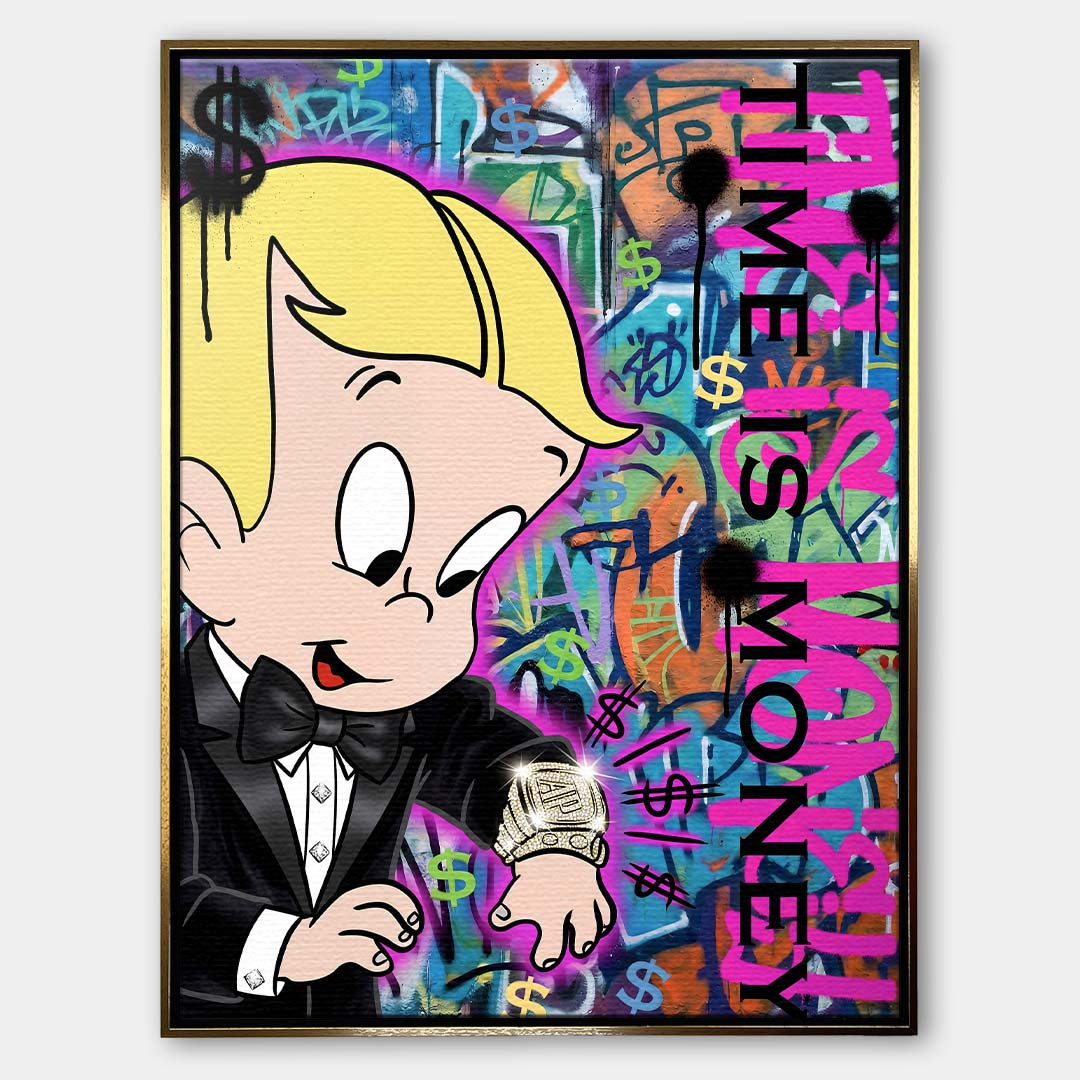 Nowoczesny obraz pop-art na płótnie z postacią chłopca w garniturze spoglądającego na luksusowy zegarek na tle graffiti Time is money. Wydruk Huephant.