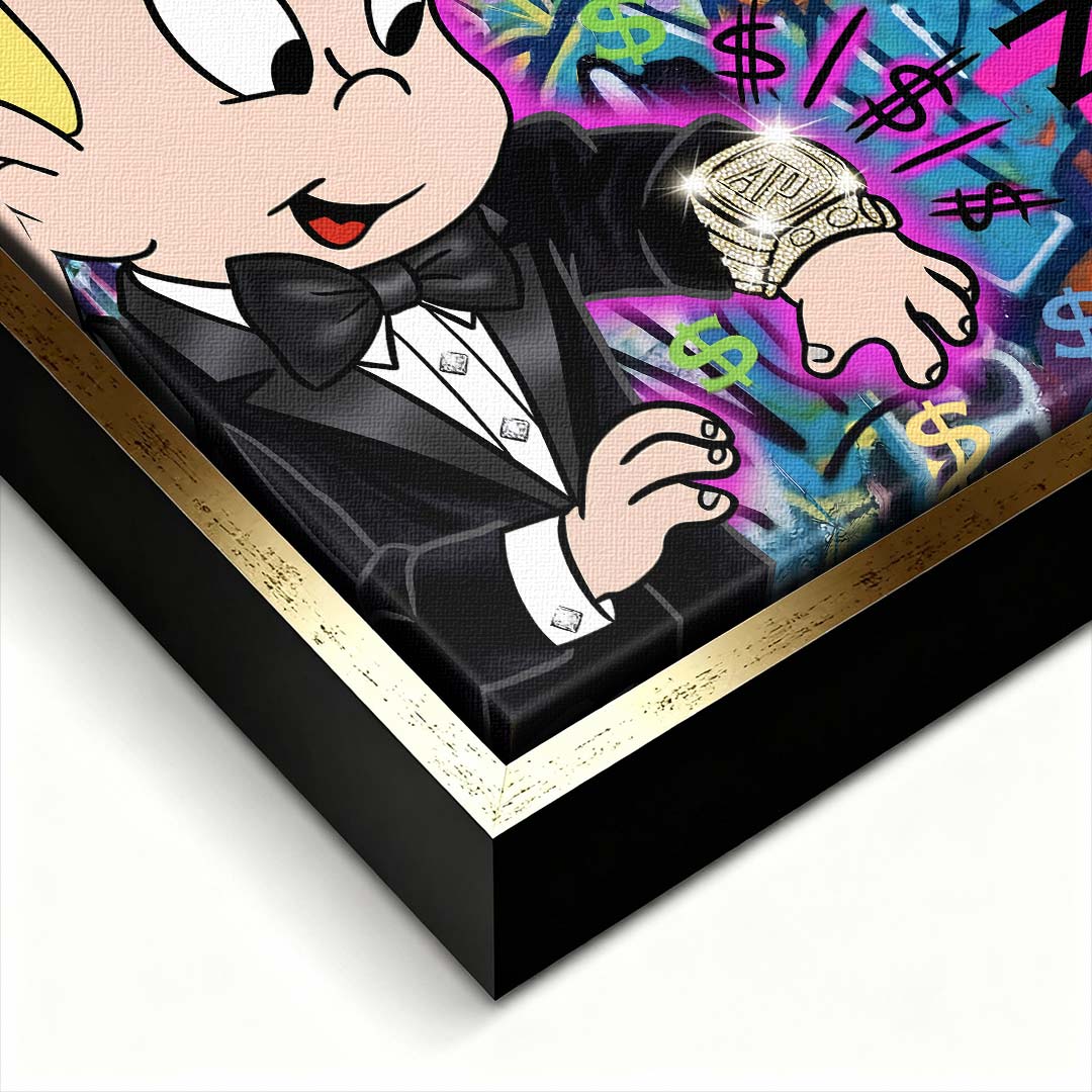 Nowoczesny obraz pop-art na płótnie z postacią chłopca w garniturze spoglądającego na luksusowy zegarek na tle graffiti Time is money. Wydruk Huephant.