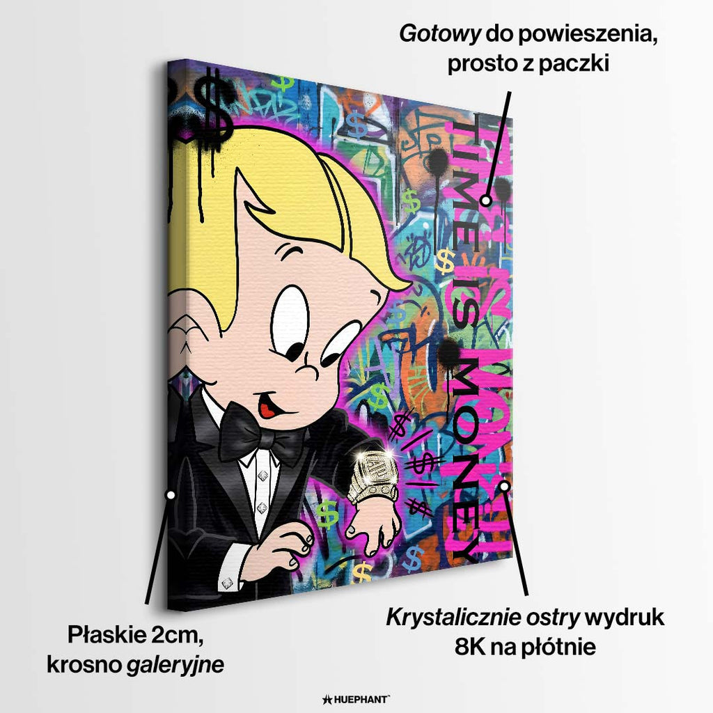 Nowoczesny obraz pop-art na płótnie z postacią chłopca w garniturze spoglądającego na luksusowy zegarek na tle graffiti Time is money. Wydruk Huephant.